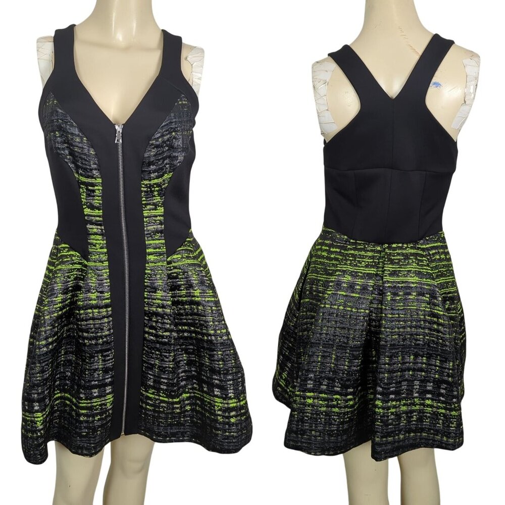 Robert Rodriguez‎ Black Green Dress size 6 Grid print Jacquard Zip Front Mini